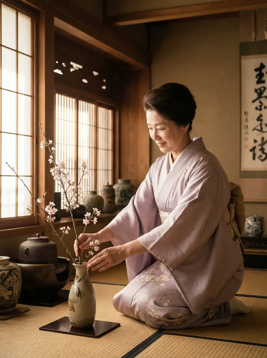 一位优雅的 暗网影视最新原创与精选视频 在和室中插花