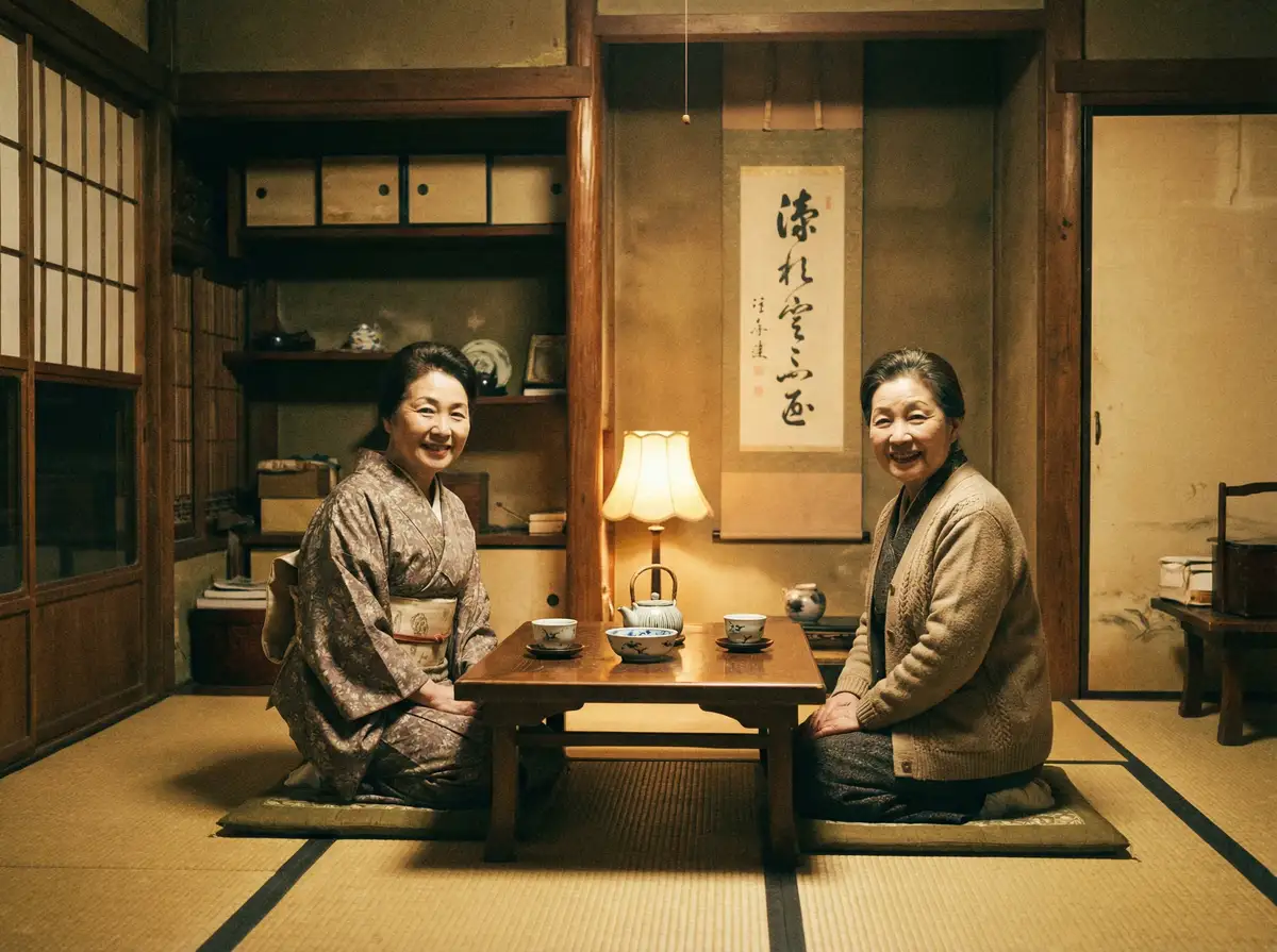 两位优雅的 暗网影视最新原创与精选视频 在日式茶室中品茶交谈